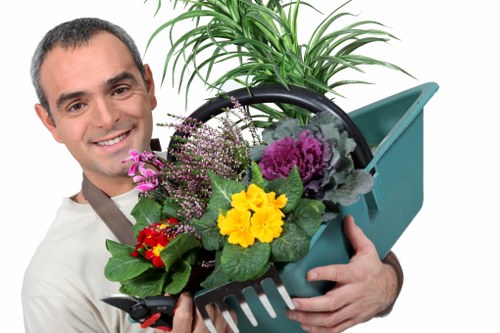 Outdoor landscaping site with materials and tools
